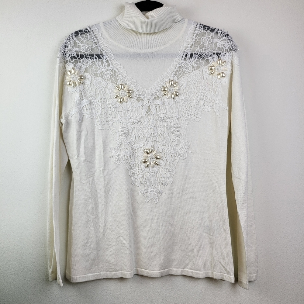 Boston Proper Turtleneck embroidered pearls Jewels Sweater Top M NWOT Cream
